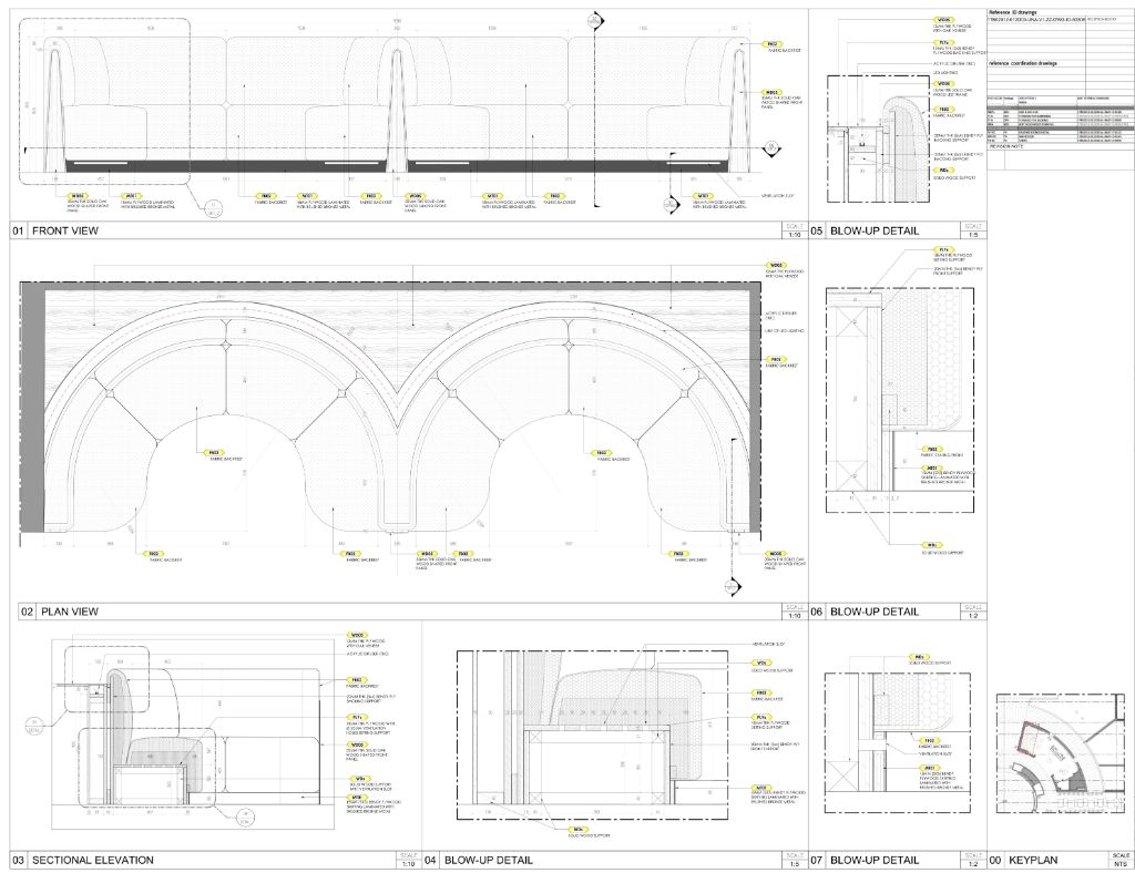 Arched Curved Banquette — Front View, Plan, Sectional Elevation & Blow-Up Details