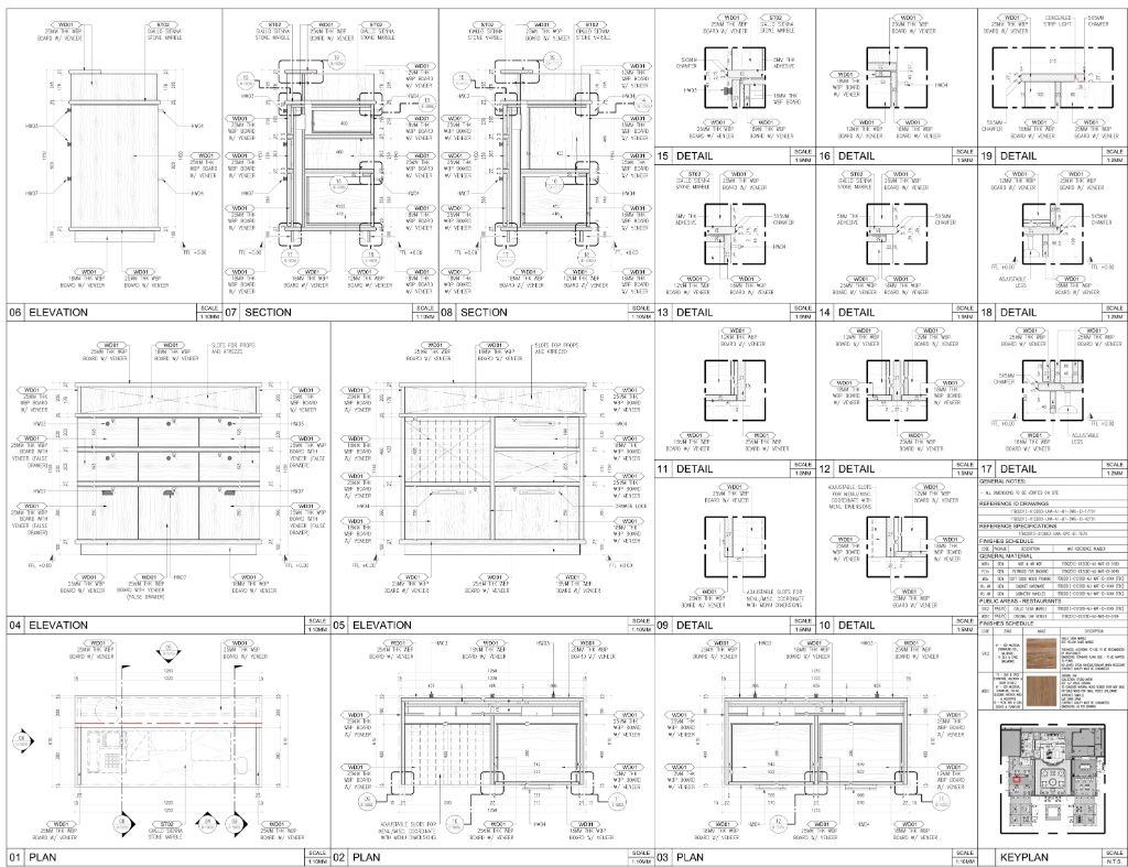 Curved Concierge Counter — Plan, Elevations & Spot Details