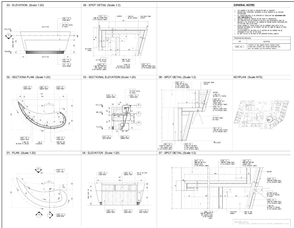 Curved Feature Counter — Plan, Sectional Elevation & Spot Details
