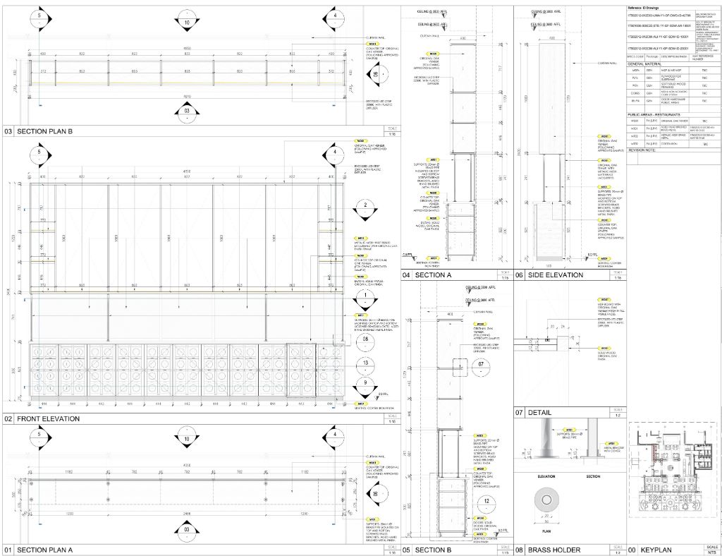 Bar Counter with Brass Holder — Section Plans, Front Elevation & Details