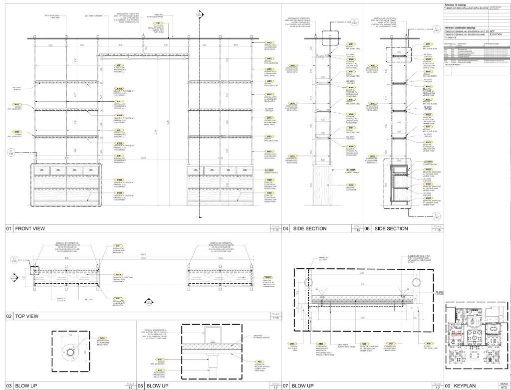 Tall Shelving Display Wall Unit — Front View, Side Sections & Blow-Up Details