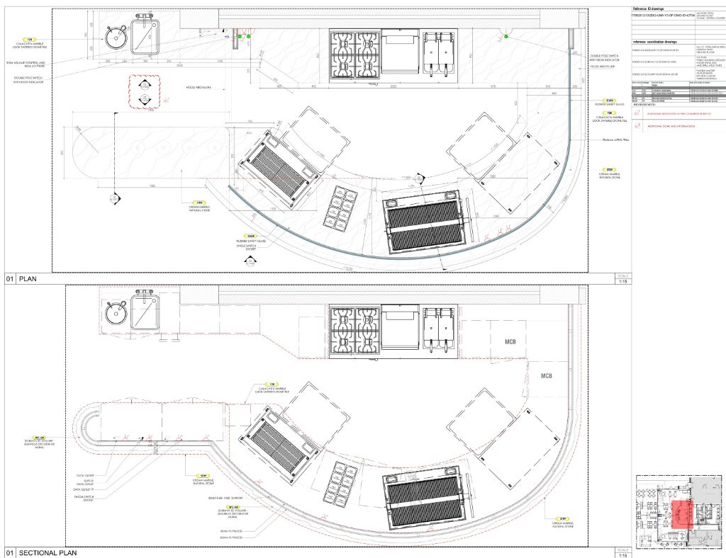 Curved Show Kitchen — Plan & Sectional Plan